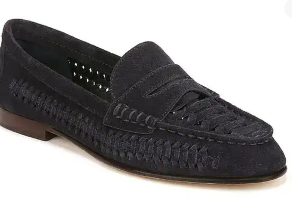 Veronica Beard Penny Loafer Flats 7.5 Navy Blue Woven Leather Suede Prep Western